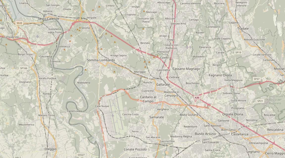 Mappa dell'area tra Malpensa, Gallarate e Sesto Calende con le autostrade A8 e A26 e la posizione di Isotessile a Somma Lombardo